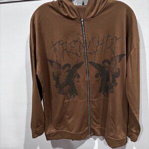 Brown men zip up graphic sweatshirt SZ: M